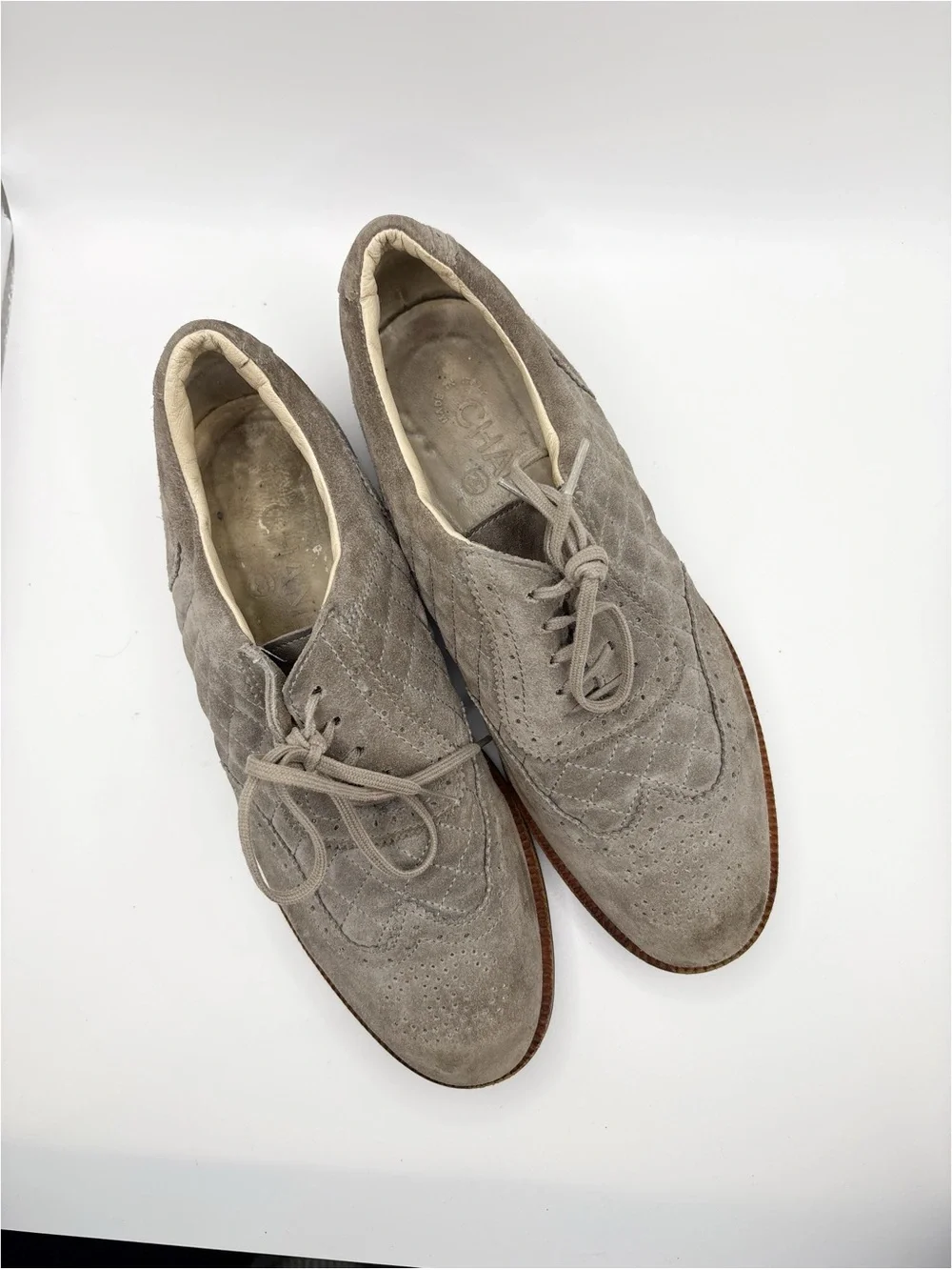 Chanel Authentic Gray Suede CC Brogue Loafers